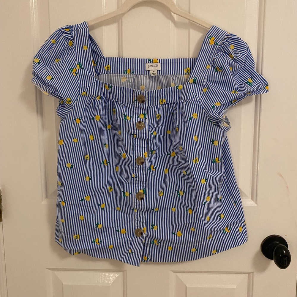 J. Crew Blue and White Striped Lemon Blouse Size Small S
